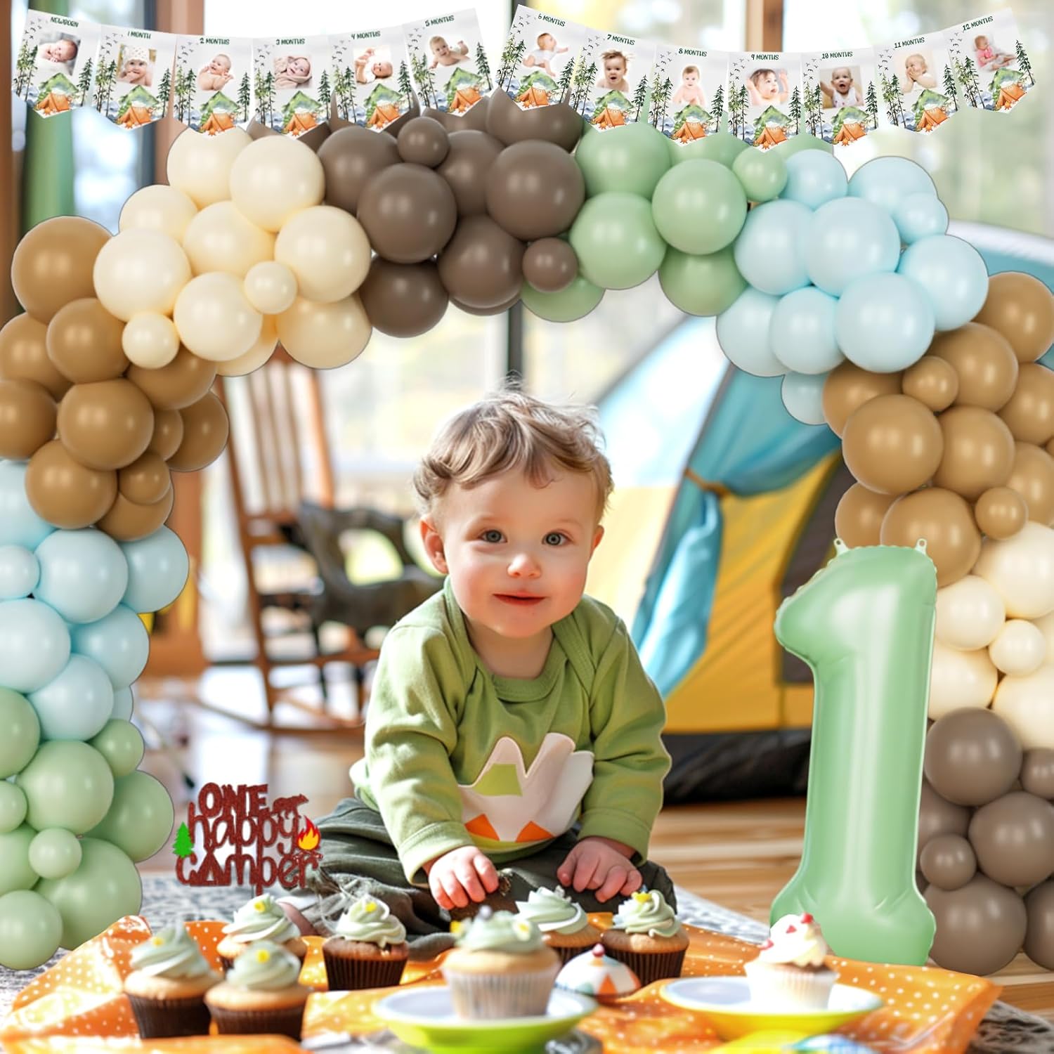 Hombae One Happy Camper 1st Birthday Camp Themed Decorations - Banner, Balloons, Tablecloth, Cake Topper, Plates, Napkins, Forks