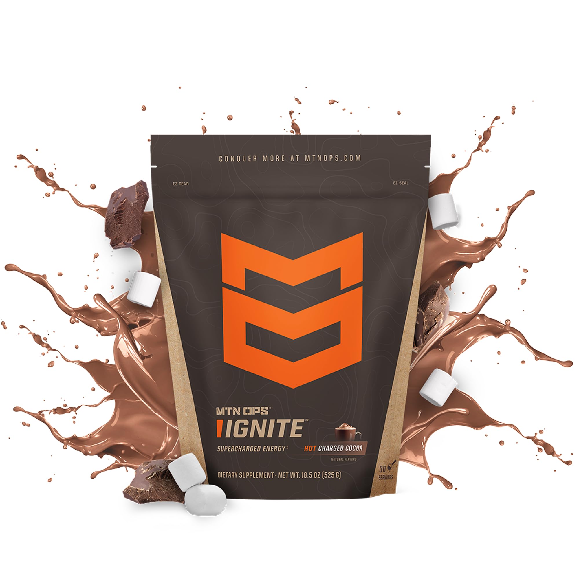 MTN OPS Hot Ignite Supercharged Energy Drink Mix Focus Enhancer, Charged Cocoa, Bag (30 Servings)