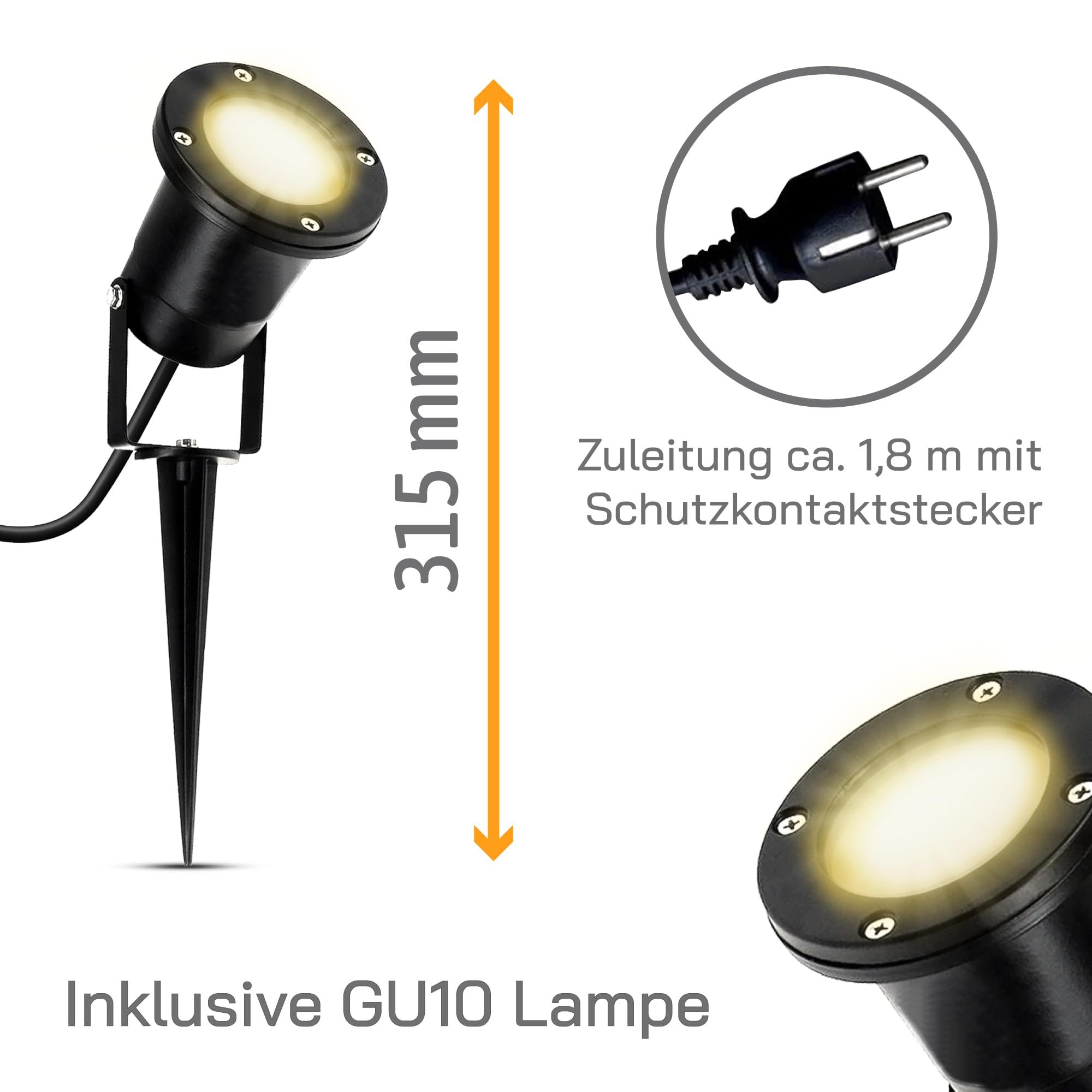 SSC-LUXon Gartenstrahler 2x Erdspieß GU10 3W 3 Lichtfarben schwarz IP65 | Schwenkbarer Gartenspot mit Erdspieß für Beet, Bäume & Fassade - wasserdichtes Gehäuse, Zuleitung 1,8m mit Stecker