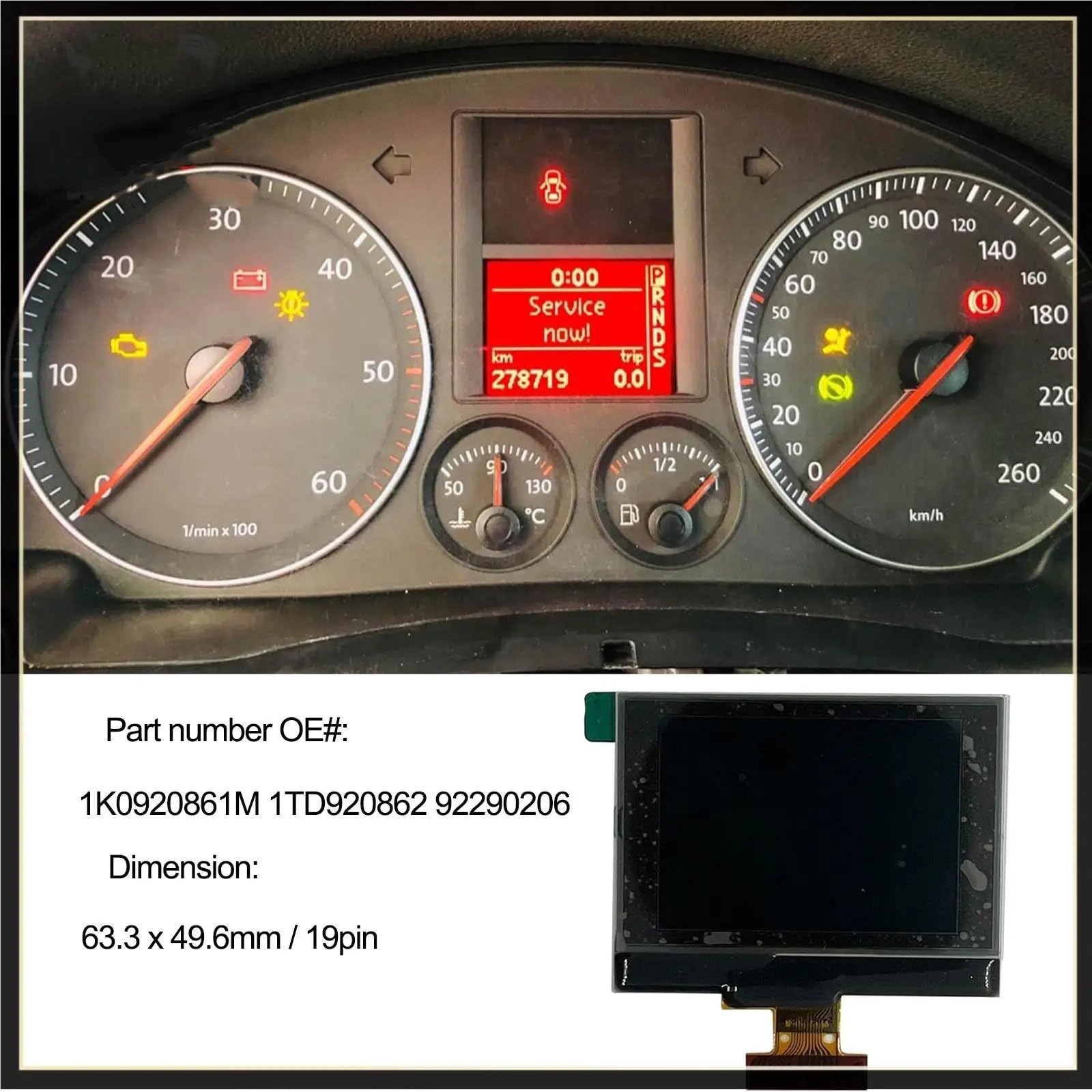 Jauge de température eau Écran LCD pour combiné d'instruments 1K0920861M 1TD920862 92290206 Convient pour Golf V, Passat B6 et Touran Mk1