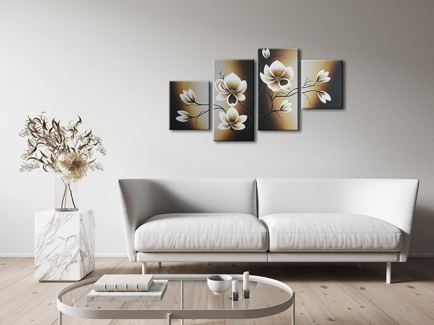 Wieco Art 100% Hand-painted Abstract Floral Oil Painting on Canvas Warm Day Yellow Flowers Bloom Ready to Hang for Living Room Bedroom Home Decorations 4pcs/set