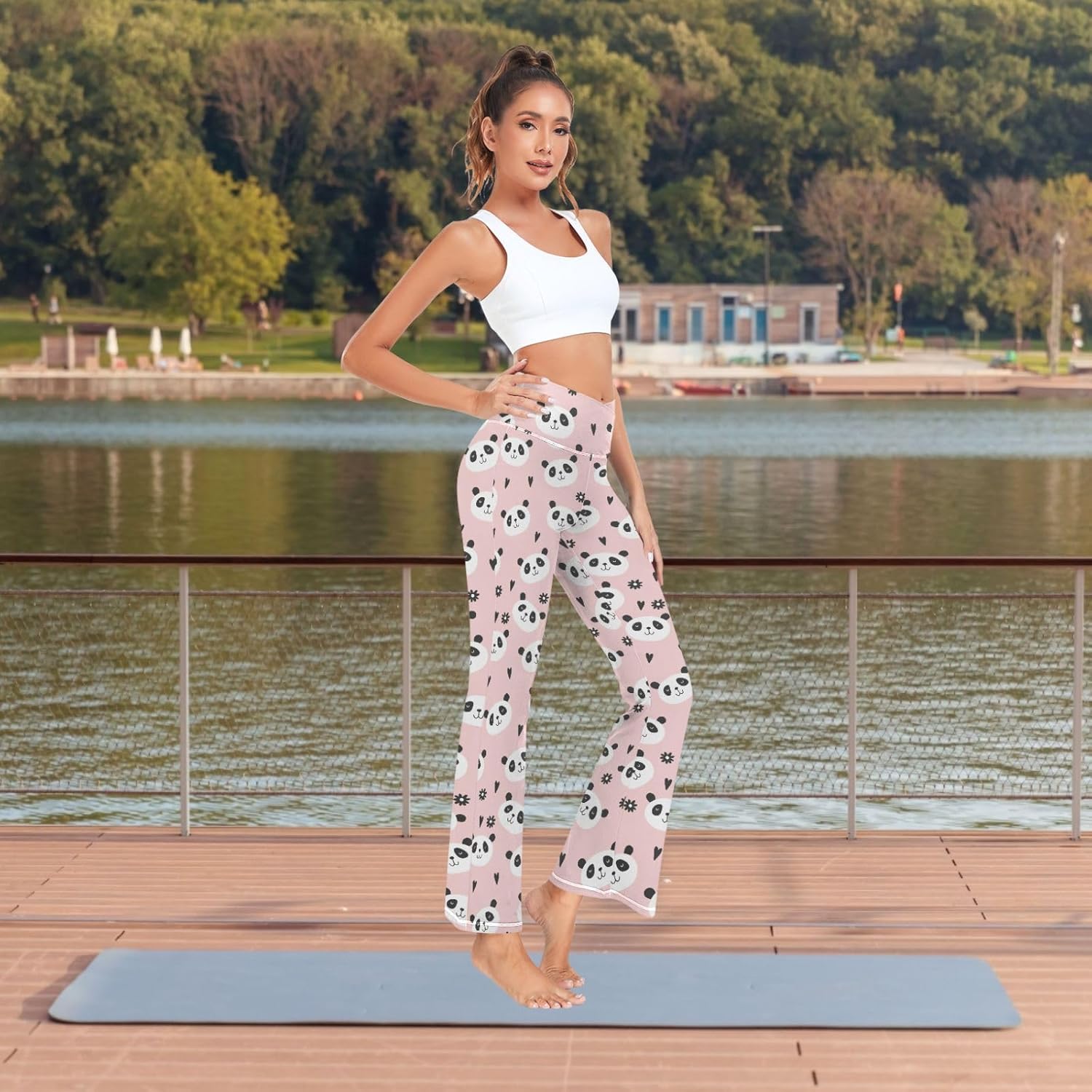 Fustylead Panda Head Women's High Waist Bootcut Yoga Pants Tummy Control Stretch Pants