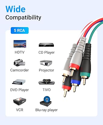 BlueRigger Component Video Cable with Audio (6FT, RCA- 5 Cable, Supports 1080i) - Compatible with DVD Players, VCR, Camcorder, Projector