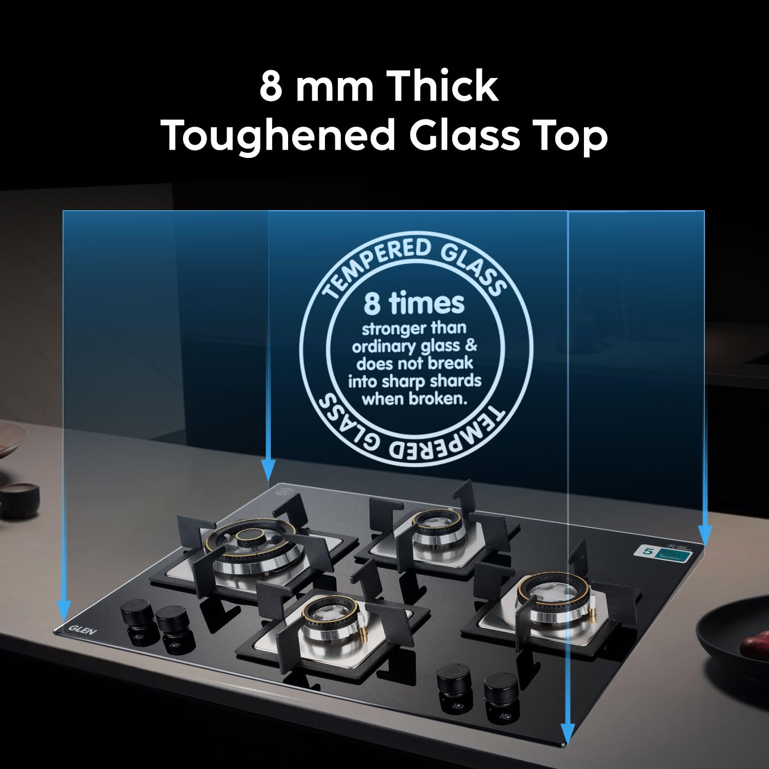 Glen uses an 8mm thick premium black glass. This isn't just for looks; it is engineered to withstand high thermal shock and the physical impact of heavy stainless steel and cast-iron cookware