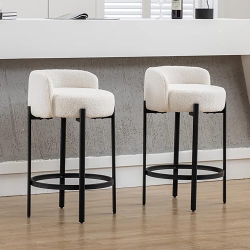 Miniatura 7 de LukeAlon Juego de 2 taburetes modernos de sherpa de altura de mostrador, taburetes de bar tapizados de 26 pulgadas de altura de asiento con patas de