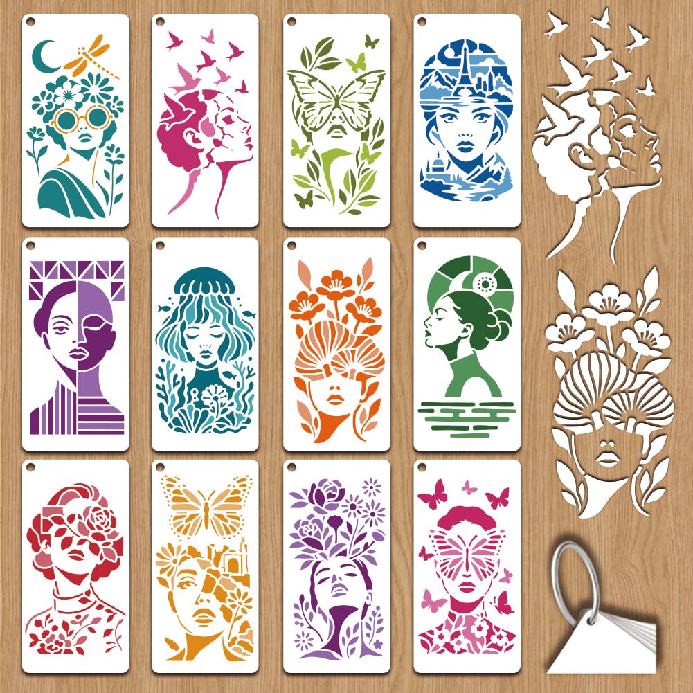 GOMAKERER 12 Sheets Surreal Feminine Face Stencil for Painting, Modern Abstract Woman Reusable PET Stencils Floral Butterfly Lady Drawing Stencil for Painting on Wall Wood Home Decor