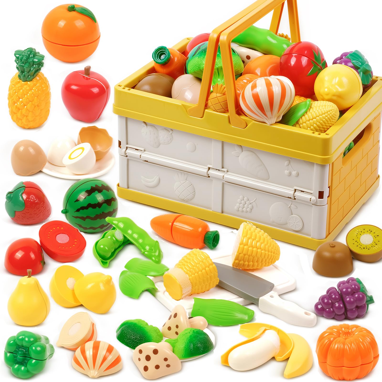 Hanmulee Play Food Sets for Children Kitchen, 53PCS Toy Food Sets Fruits and Vegetables Cutting Toys, Toy Kitchen Accessories with Foldable Picnic Basket, Role Play Toys for 3 4 5 Years Old Boys Girls
