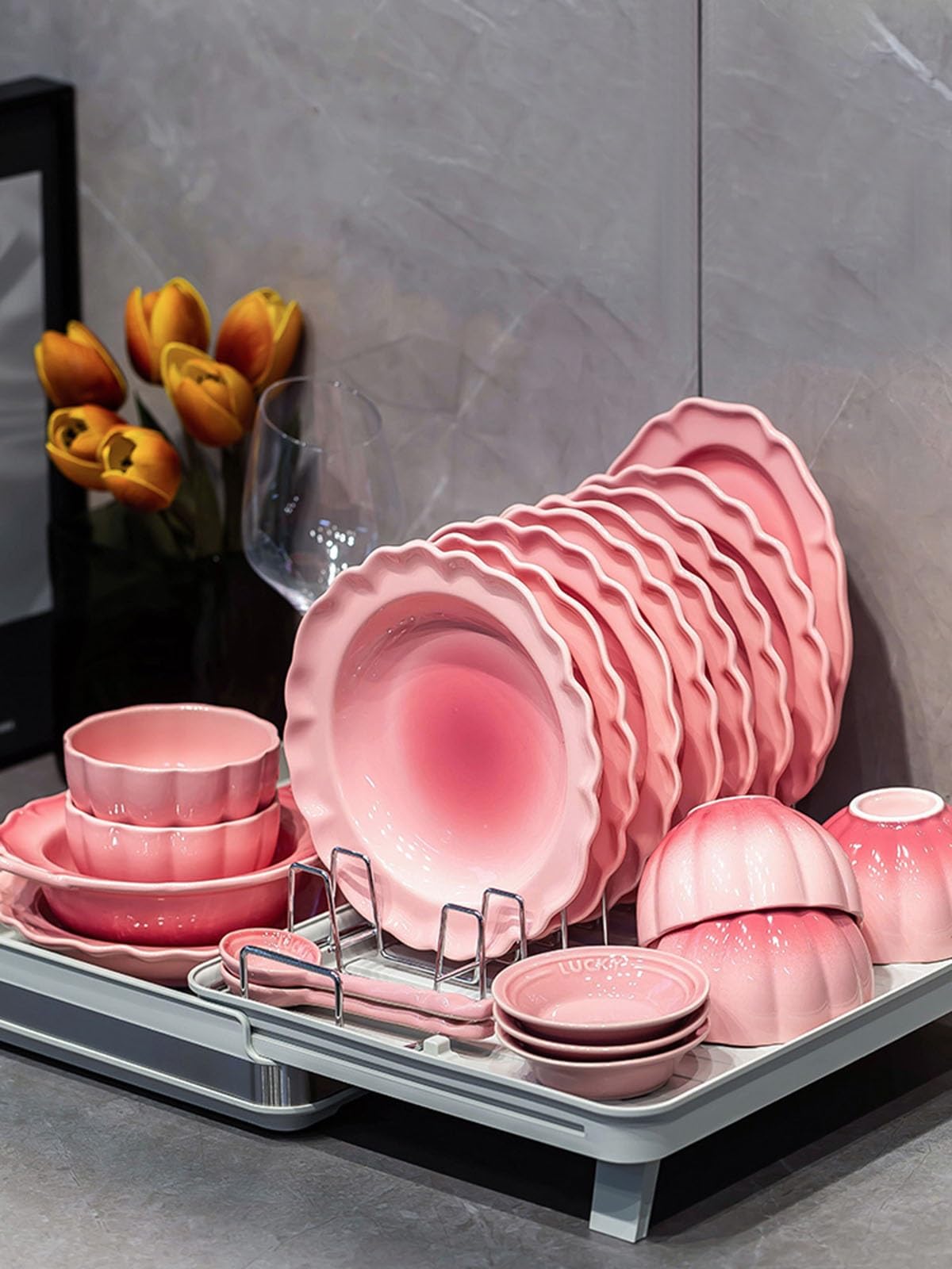 Tafelservice Rosa Geschirrset Im Vintage Look Steingut Service Tellerset 6 Personen Spülmaschinenfest, Essgeschirr Kombiservice Set Mit Speiseteller Dessertteller Suppenteller Und Schalen(42pcs) Küche, Haushalt & Wohnen