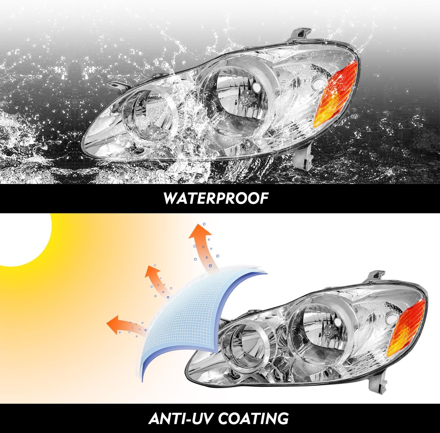 Headlight Assembly Replacement for Toyota Corolla 2003 2004 2005 2006 2007 2008 Headlamps Replacement Passenger and Driver Side, Chrome Housing with Amber Reflector (Bulbs Included)