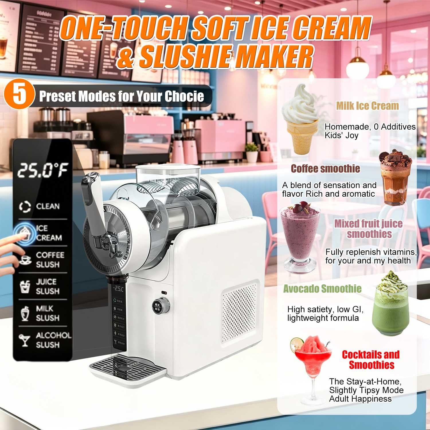 Macchina Per Gelato Soft, Macchina Per Gelato E Granita Con 5 Programmi: Gelato Soft, Granita,Frappé E Altro, Capacità 2 L,Pulizia Automatica, Non Necessita Di Ghiaccio,Ricettario Digitale white
