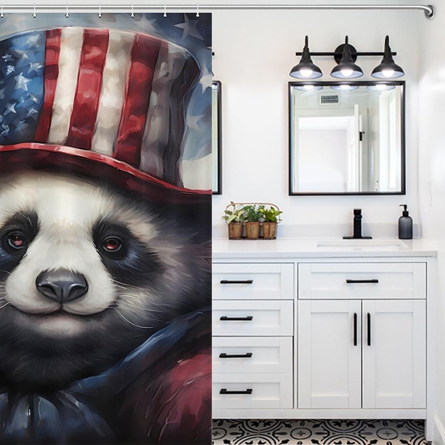 Panda Patriotic U.S. Flag Funny Shower Curtains Washable Bath Curtain Liner with Hooks for Bathroom Bath Tubs