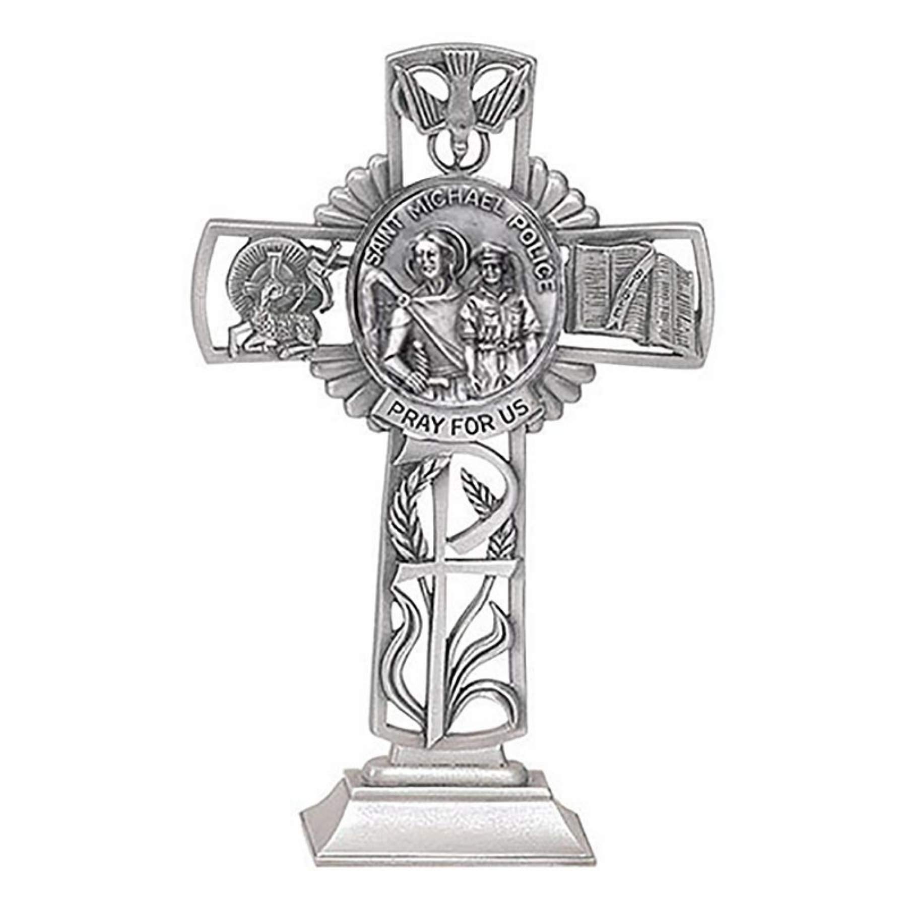 Pewter Catholic Patron of Police Saint St Michael Standing Cross, 6 Inch