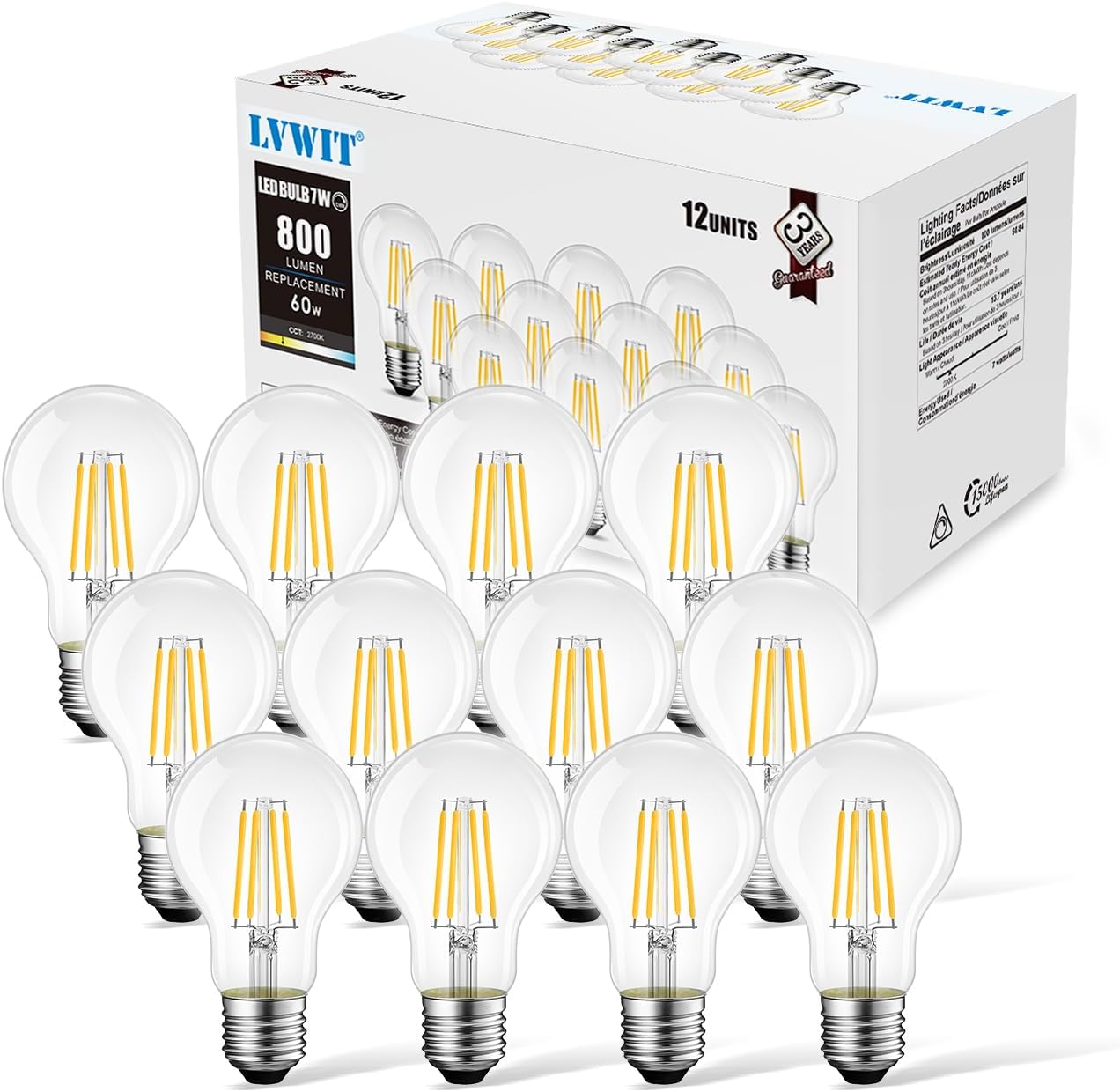 LVWIT A19 LED Vintage LED Filament Bulb E26 Base Dimmable Edison Bulbs 7W (60W Equivalent)，2700K Warm White 800 Lumens Light Blubs，Omnidirectional, UL-Listed, 12PCS