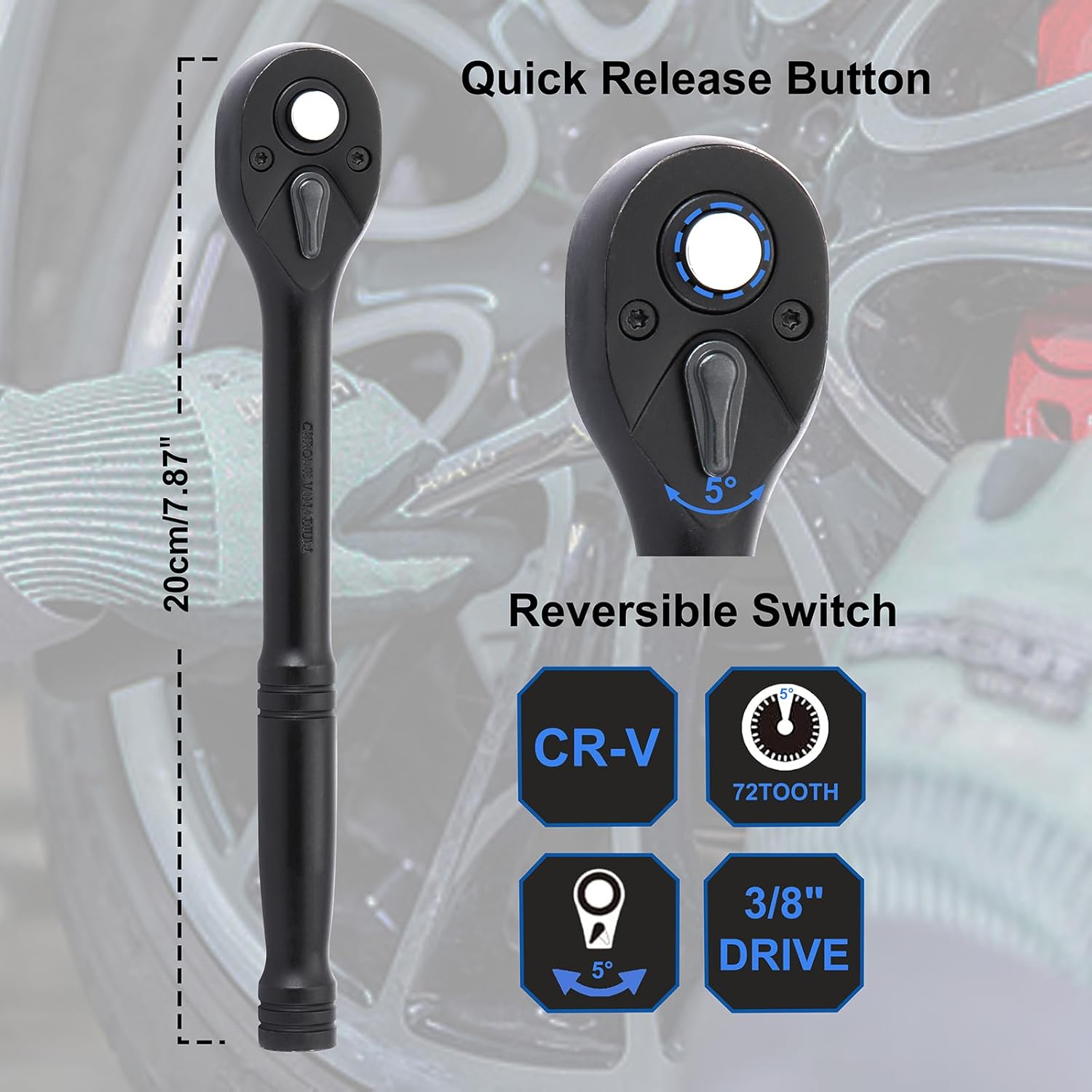 Mayouko 3/8” Drive Impact Socket Set, 50-Piece Standard SAE(5/16”-3/4”) and Metric Size(8-22mm), Deep & Shallow, 6 Point, CR-V, 72-Tooth Ratchet Wrench Handle, Extension Bars, Universal Joint