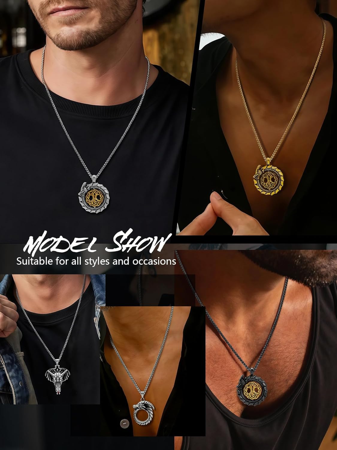 Dragon Necklace 18K Gold Plated/Black Metal/Stainless Steel Norse Tree of life Talisman Viking Dragon Pendant Necklace Lucky Amulet, Retro Yggdrasil Viking Jewelry Gift for Men and Women with Gift Box - Image 6