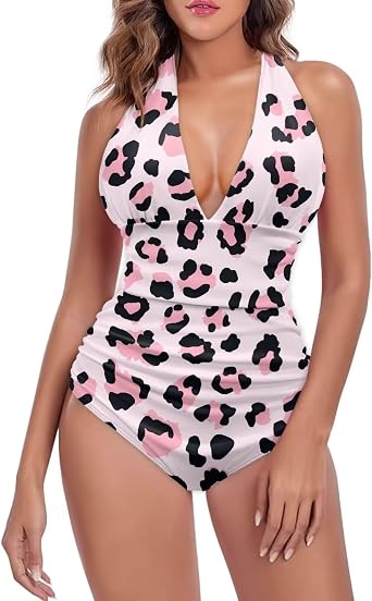 Women One Piece Swimsuits V Neck Halter Swimwear High Waist Tummy Control Bathing Suit Backless Monokinis Size S-3XL