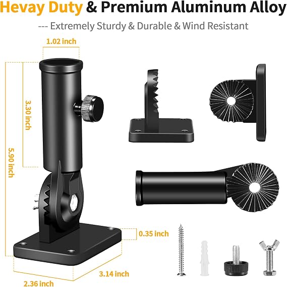 Flag Pole Holder Brackets, BONWIN 1 Flag Pole Mounting Bracket with Hardwares for House Wall Porch, 1 Inner Diameter, 180 Adjustable Multi Positions, Aluminium Alloy(1 Pack Black, Multi-Positions)