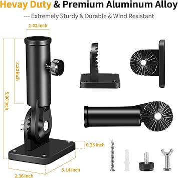 Flag Pole Holder Brackets, BONWIN 1 Flag Pole Mounting Bracket with Hardwares for House Wall Porch, 1 Inner Diameter, 180 Adjustable Multi Positions, Aluminium Alloy(1 Pack Black, Multi-Positions)