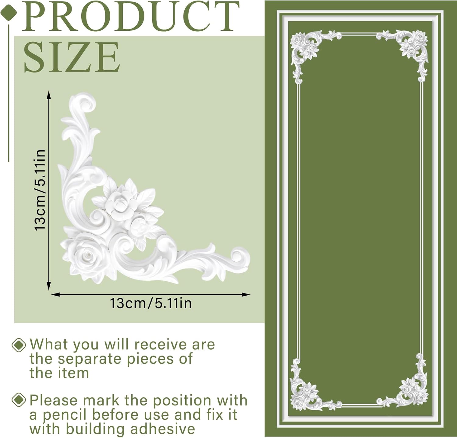 12 Pcs Corner Wall Molding French Style Wainscoting Flora Moulding Panels Corner Panel Wall Molding Kit for Frames Cabinet Picture Decor, Not Include Glue (Rose Style)