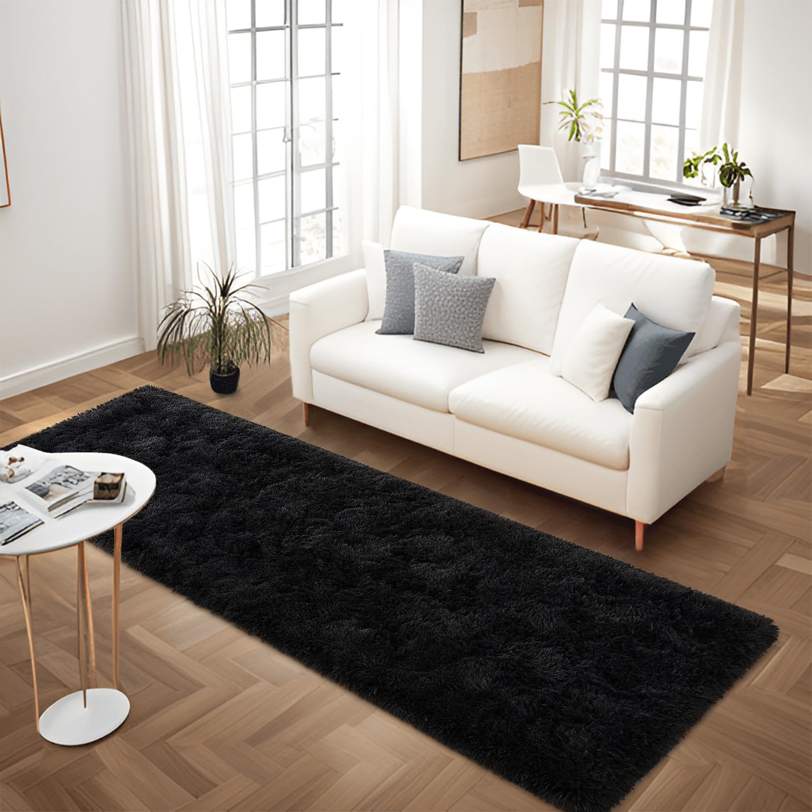 FALARK Soft Black Runner Rugs for Bedroom, 2x6 ft Bedside Rug Plush Fluffy Carpets, Shag Furry Modern Area Rug Carpet for Living Room Girls Kids Room