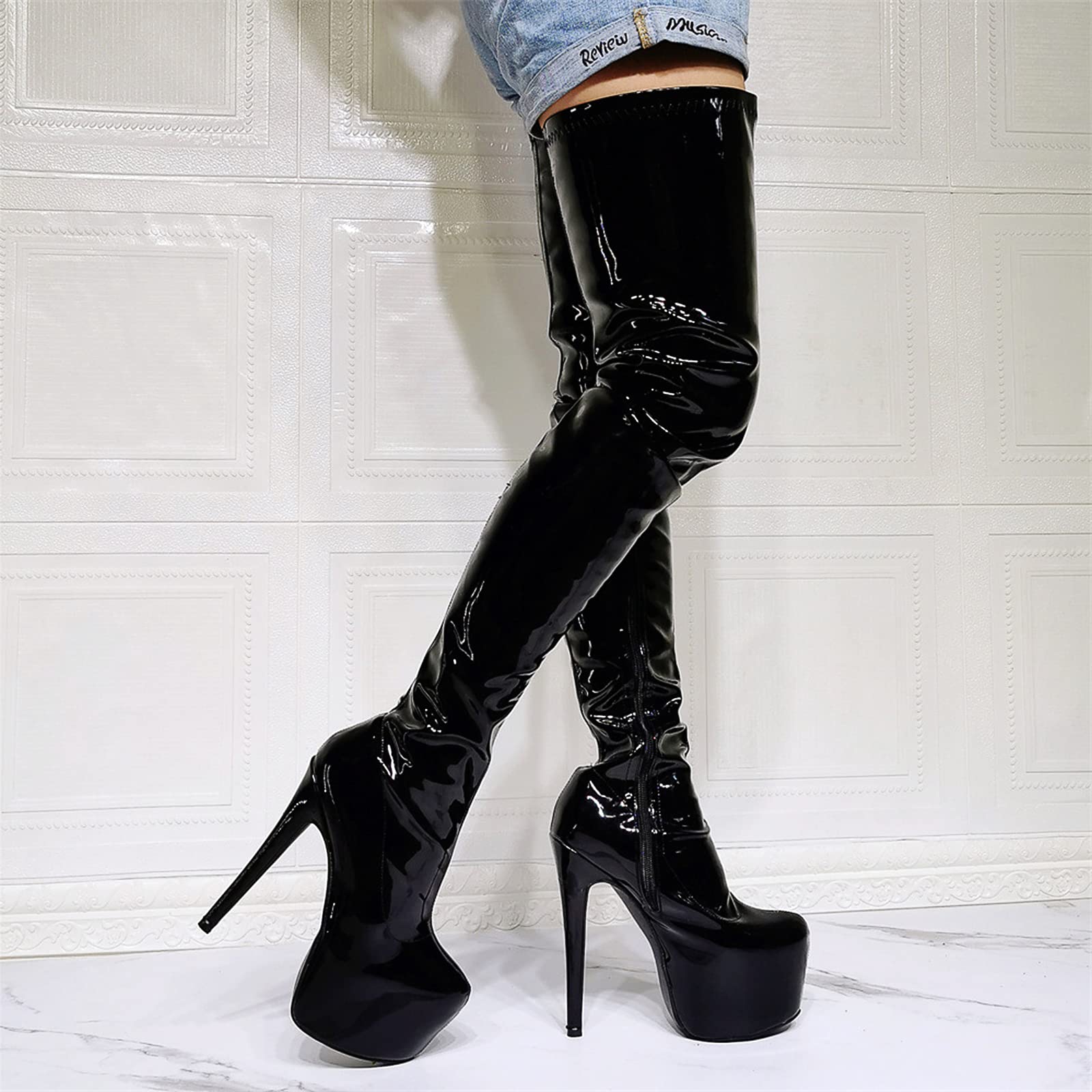 De Las Mujeres PU Cuero Tacones Altos Cremallera Dedo Puntiagudo Botas Altas Plataforma Gruesa Botas de Montar,Black-45(UK10.5)