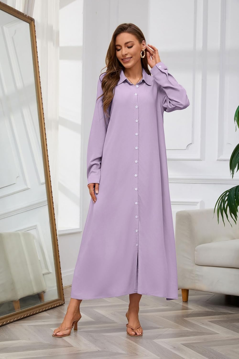 chouyatou Women's Casual Button Down Maxi Shirt Dress Long Sleeve Button Up Tunic Long Dress - Image 5