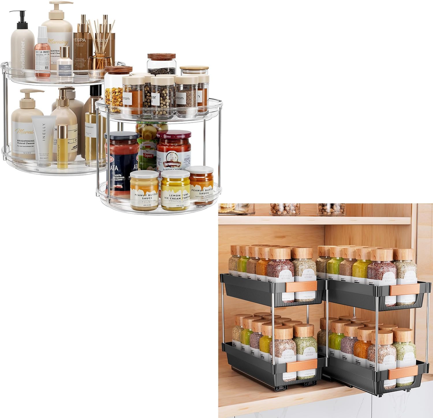 2 Pack 2 Tier Lazy Susan Turntable Organizer 9.25'' & 2 Pack Pull Out Spice Rack Organizer for Cabinet