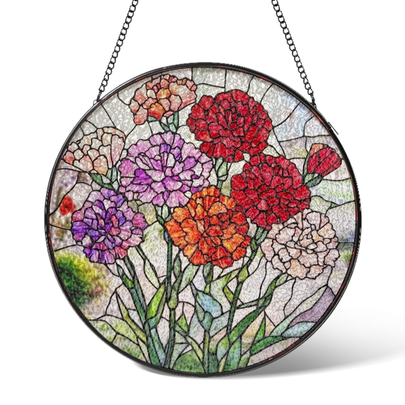 Stained Glass Window Hanging January Birth Flower Suncatchers Wall Art,Carnations Suncatcher Garden Decor Birthday Gifts,Flowers Sun Catchers Home Decorations for Bedroom Kitchen Patio 5.9 IN