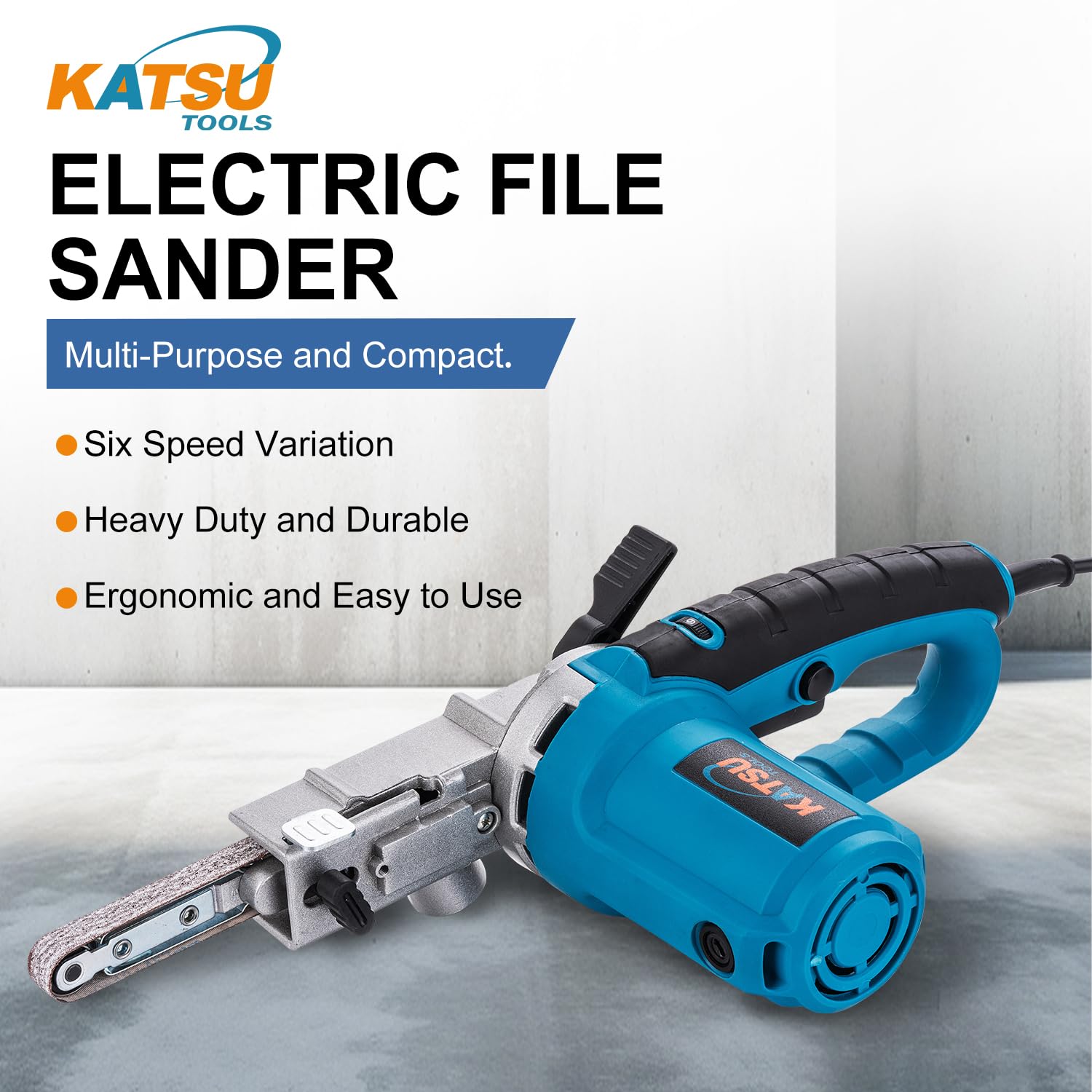 KATSU Tools Levigatrice a nastro elettrica 400 W, levigatura e lucidatura, include nastri abrasivi e sacchetto polvere