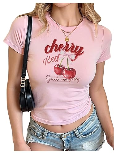 SweatyRocks Women's Cute Strawberry Graphic Crop Top Knit Slim Fit T Shirts - Large - Pink Cherry