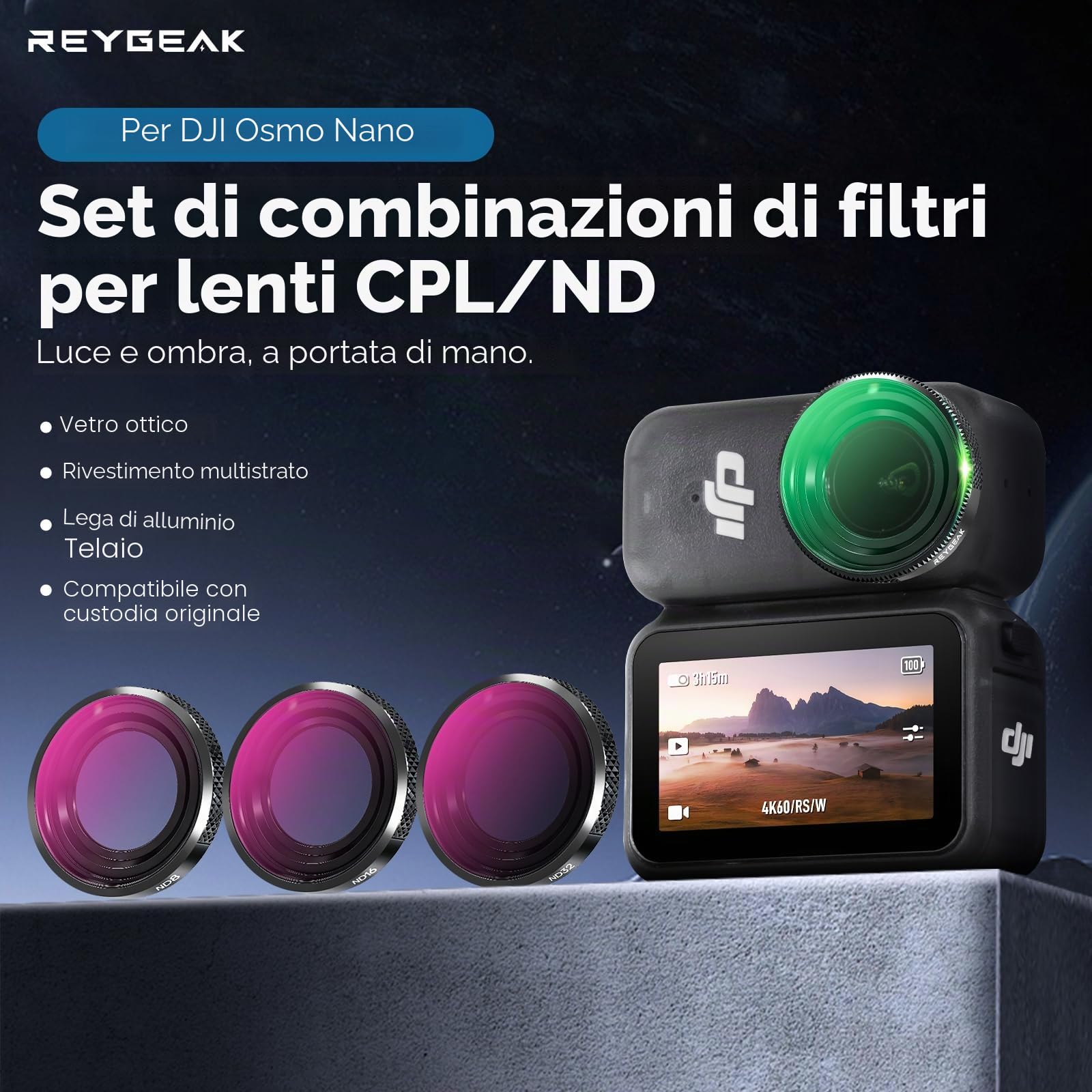 REYGEAK Set di filtri ND per DJI Osmo Nano, CPL/ND8/16/32 per OSMO Nano, telaio in alluminio multi-rivestito HD Optical Glass (CPL/ND8/16/32)
