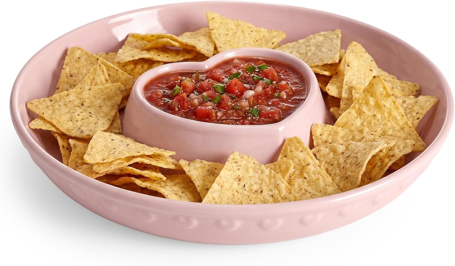 Paris Hilton Chip and Dip Serving Tray, Finely Crafted Stoneware with Heart-Shaped Dipper, Embossed Hearts, Microwave and Dishwasher Safe Stoneware, 12-Inch, Pink