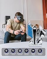 Vista 5 de Estación de carga PS VR2 PS-5 con ventilador de refrigeración, organizador de accesorios para PS5 VR 2 controladores, soporte de carga 3 en 1