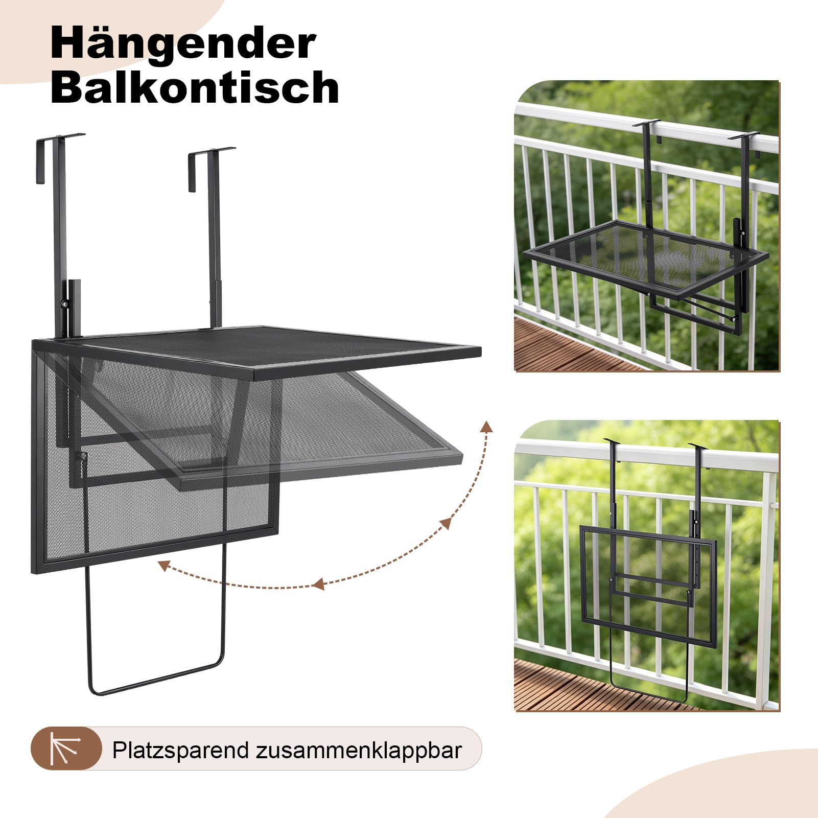 Table de balcon pliable à suspendre, réglable en hauteur, pour balustrade, 60 x 40 cm, en acier, petite table de balcon, résistante aux intempéries, table de balcon à suspendre