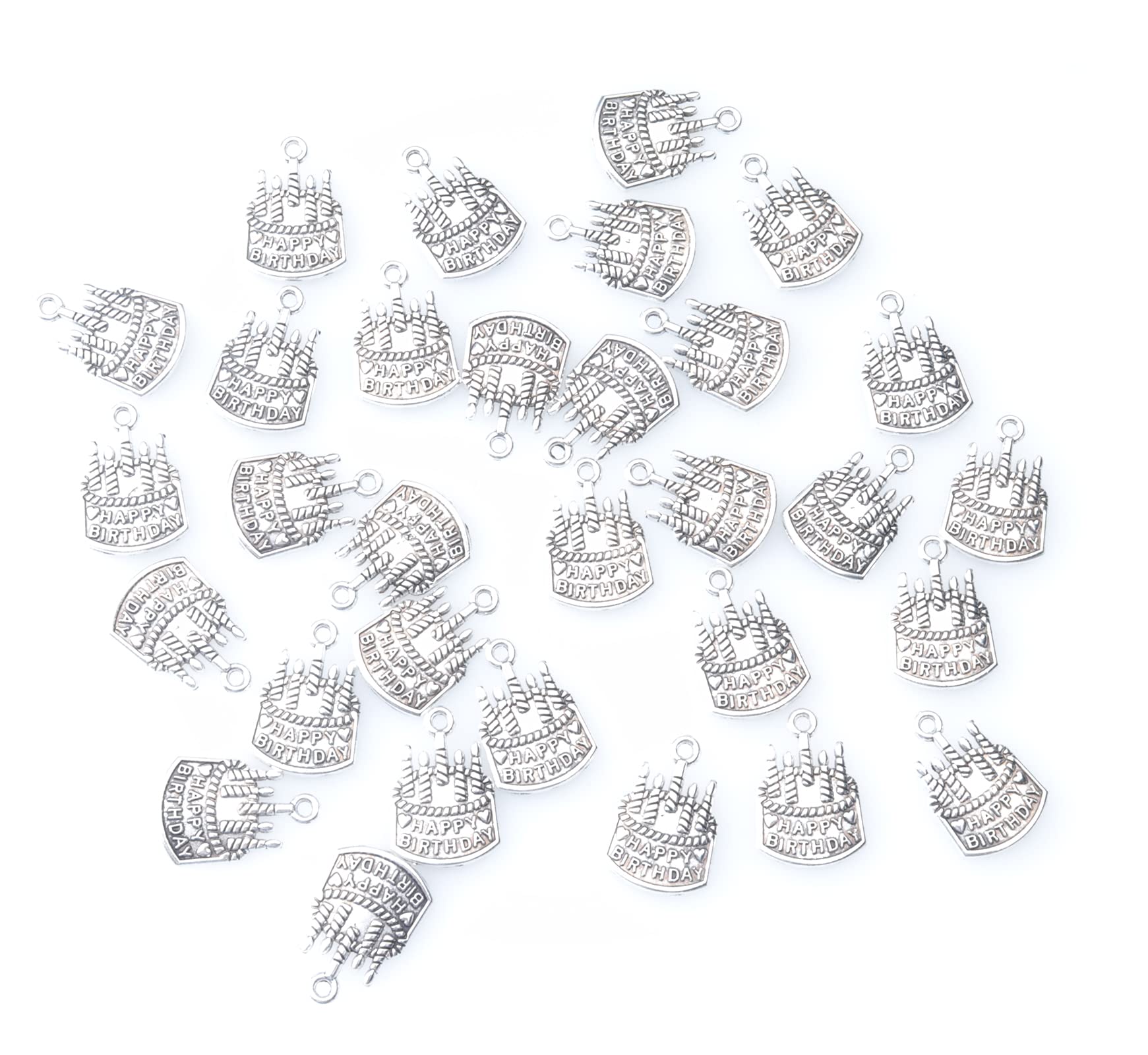 Ruwado 30 Pcs Birthday Cake Charms for Jewelry Making Kit with Hole Metal Small Pendants for Jewelry Findings Bracelet Necklace Keychain Key Ring Earring Craft Project (Silver)