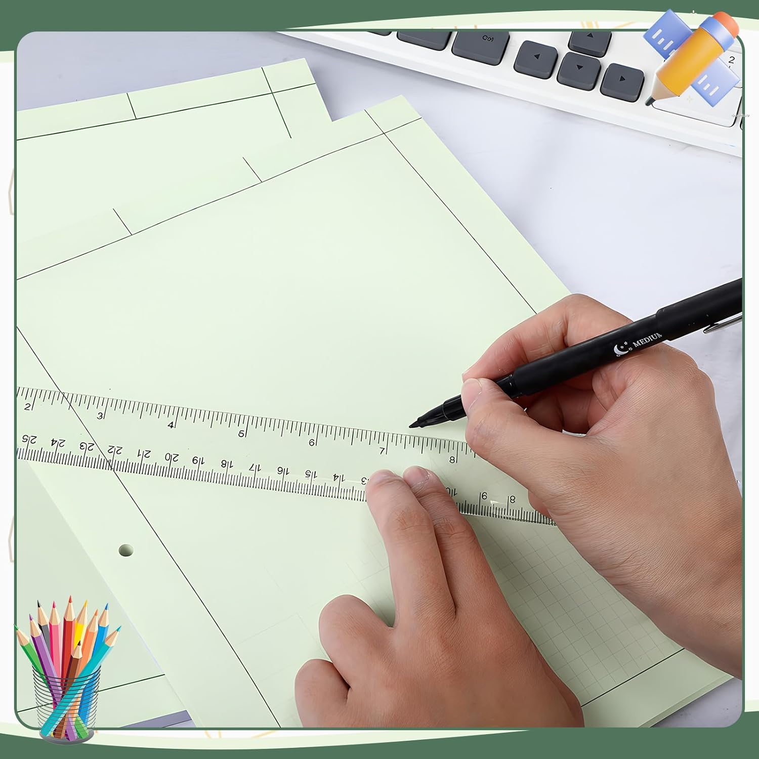 Feifeiya 8 Pack Engineering Paper Notebook Graph Paper Pads 8.5 x 11 Inches Engineer Computation Pad with Plastic Rulers 12 Inch,3 Hole 5x5 Quad Grid Engineering Pad, 100 Sheets/Pack (Green)