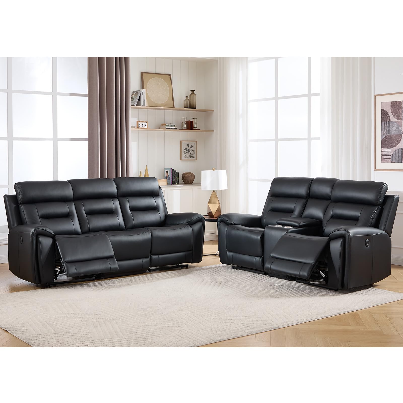 ANJ 2-Piece Faux Leather Power Recliner Sofa Set with Charging Ports, Include 2-Seater Loveseat with Hidden Storage &amp; Cup Holders and Electric 3-Seater Reclining Couch for Living Room, Black