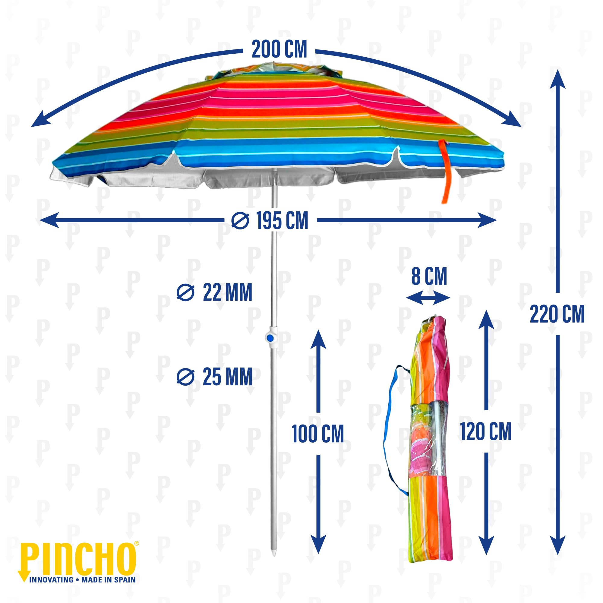 Szaszłyk Parasol Plaża 200 cm, Aluminium, UPF+50 blokuje 99% promieni UV, 8 prętów z włókna szklanego, bardzo lekki 1,5 kg, górne okno