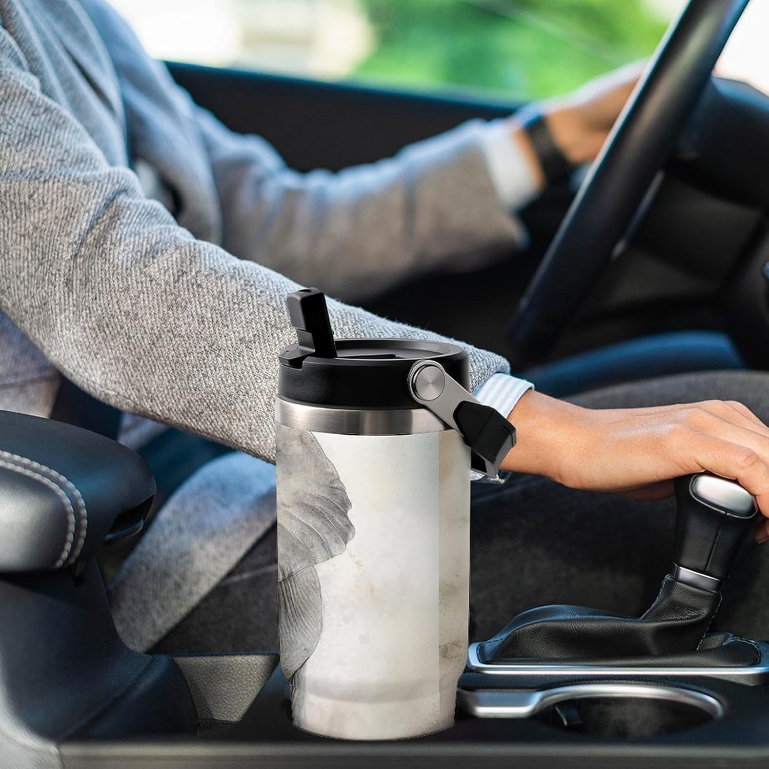 30oz Insulated Tumblers with Top Handle, Stainless Steel Animals Cute Elephant Car Cup with Straw for Gift, Leak-Proof Double Wall Vacuum Travel Mug, Personalized Water Bottles Black