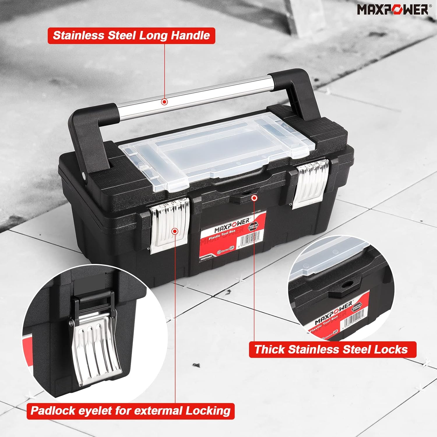Close-up of MAXPOWER Tool Box features: stainless steel handle, metal latches, and padlock eyelet