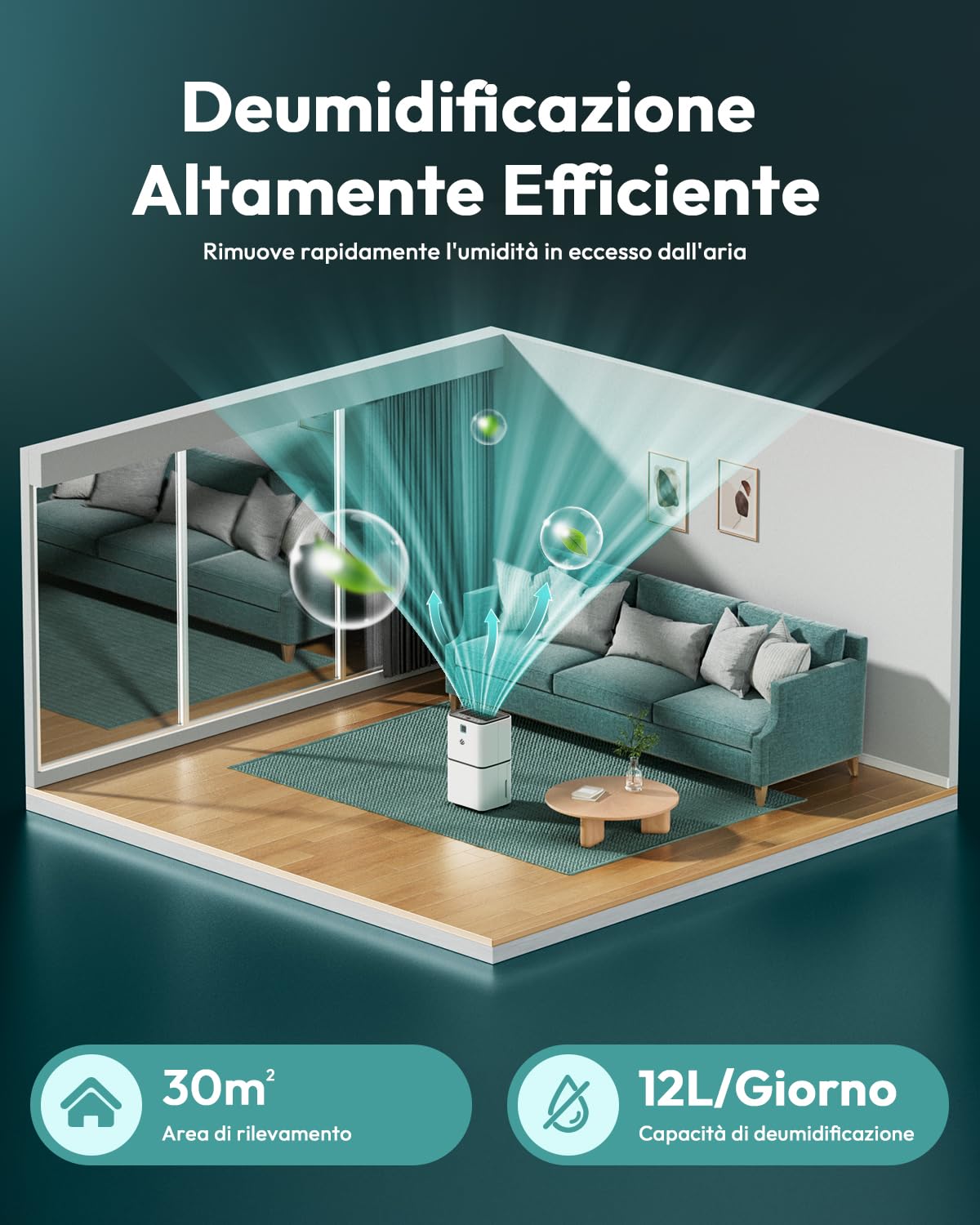 Deumidificatore Casa Muffa 12L/Giorno Per Ambienti di Circa 80 m³/30 m², 36 dB Deumidificatore Con Tubo di Scarico, Timer 24h on/off e Indicatore LED, Per Cantina, Soggiorno, Camera da Letto, Bagno