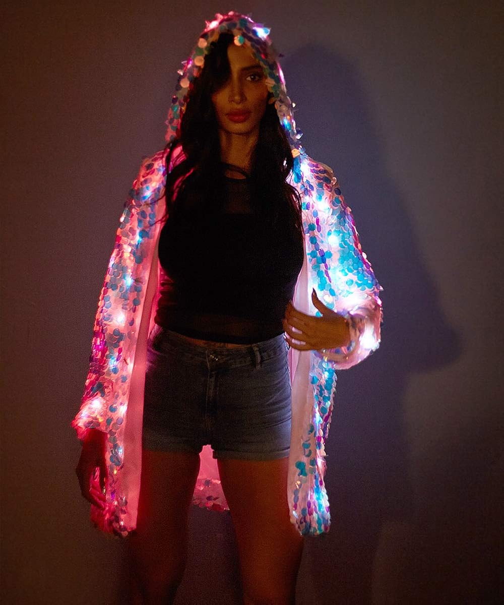Womens Girls 15 Color LED Sequin Super Flash Jacket Light UP Rave Creative Outer Coat Stage Costume Xmas Party Fancy Dress : Clothing, Shoes & Jewelry