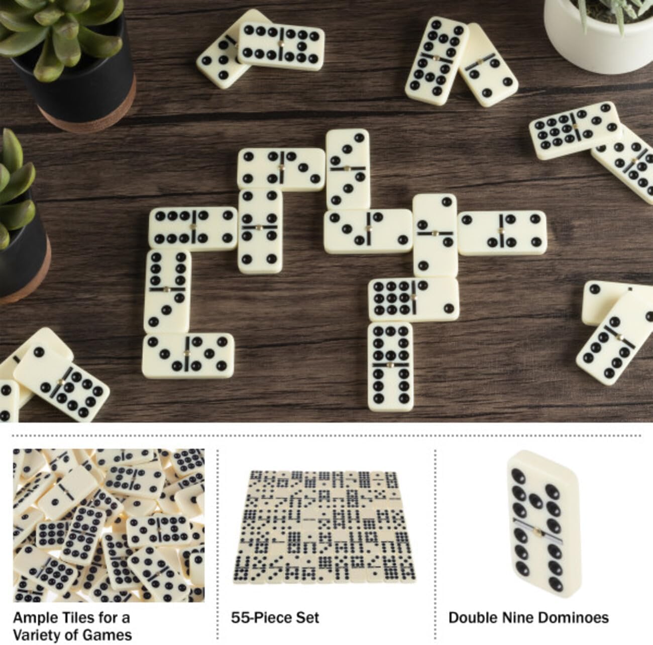 Domino Set with Wood Case - 55 Premium Double Nine Dominoes and Convenient Storage Box - Family Games by Trademark Games (Light Brown)