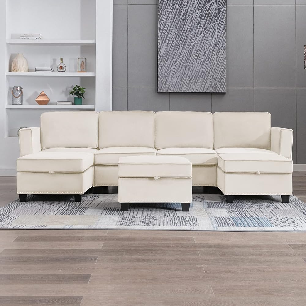 38/mo Finance ZAFLY Modular Sectional Sofa, 4 Seat Beige Comfy Couch with 3 Storage Ottomans