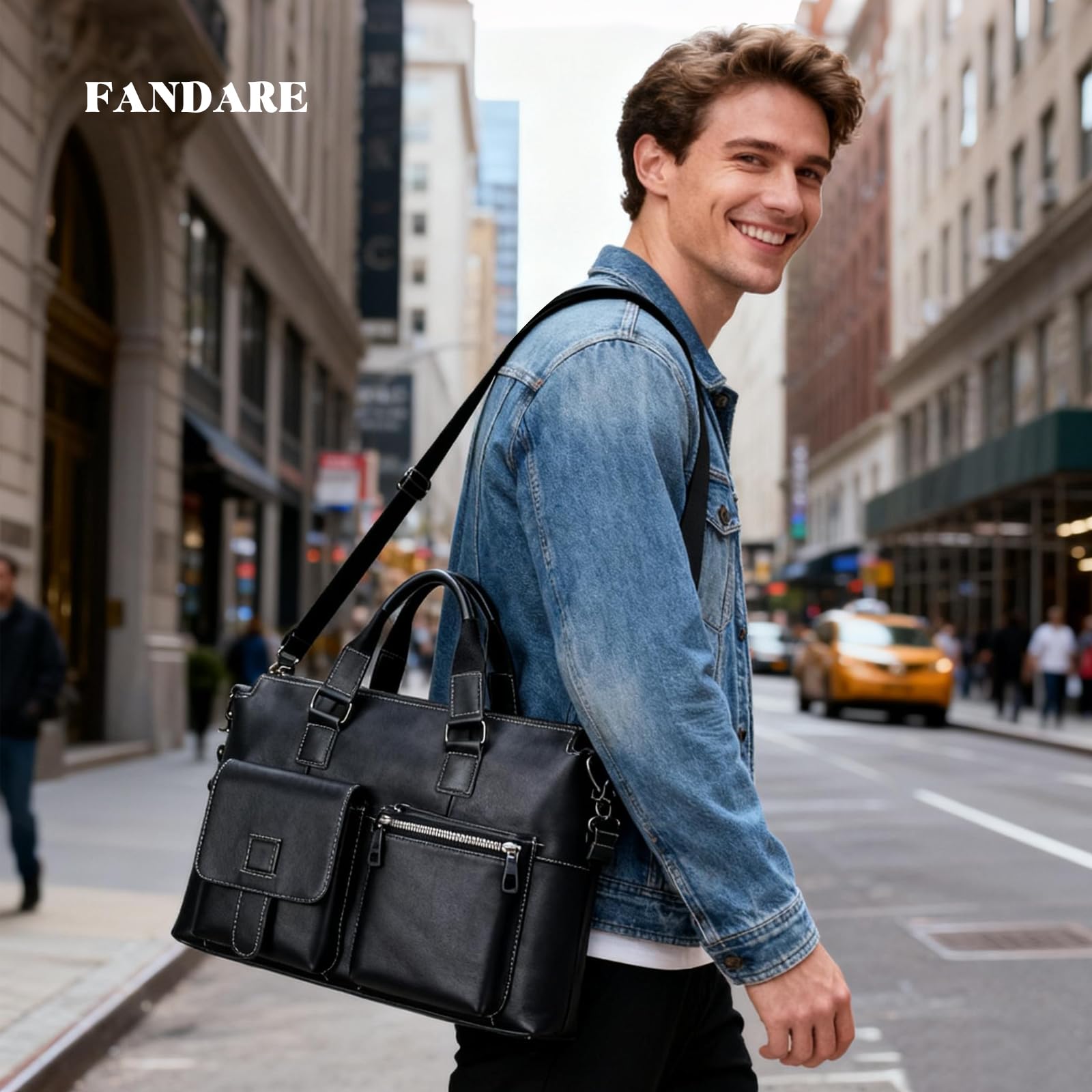 FANDARE Leder Aktentasche Herren Gelegenheitsgeschäft Dokumententasche Geschäftstasche Messenger Handtasche Mappe Aktenkoffer Umhängetasche für 14 Zoll Laptoptasche Henkeltasche für Arbeit Reisen