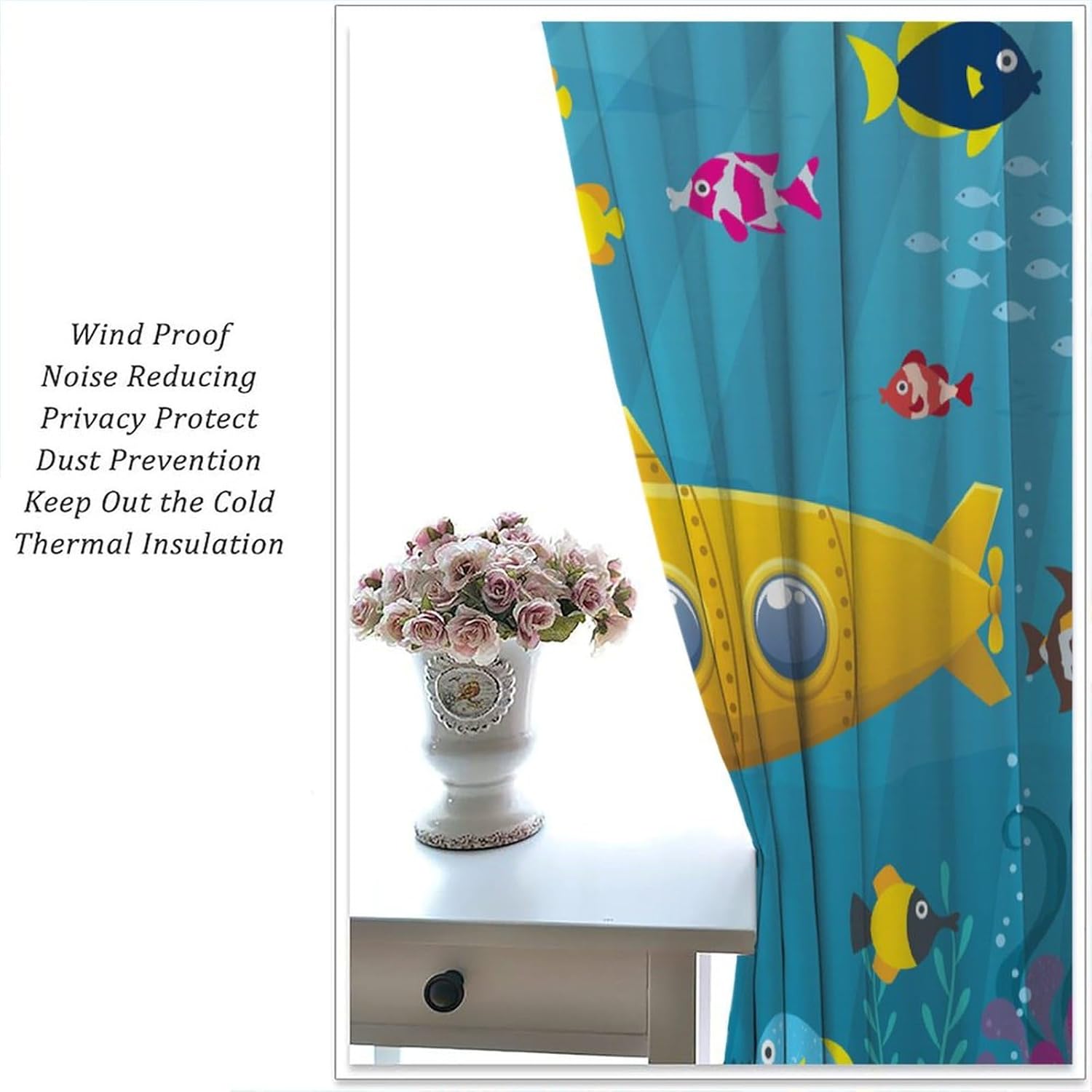 Boy Window Curtains Submarine Window Drapes Yacht Window Treatments Underwater World Oasis Thermal Drapes for Kids Girls Toddler Teens Room Dorm Decor Set 2 Panels,72x63 Inches, Style-1