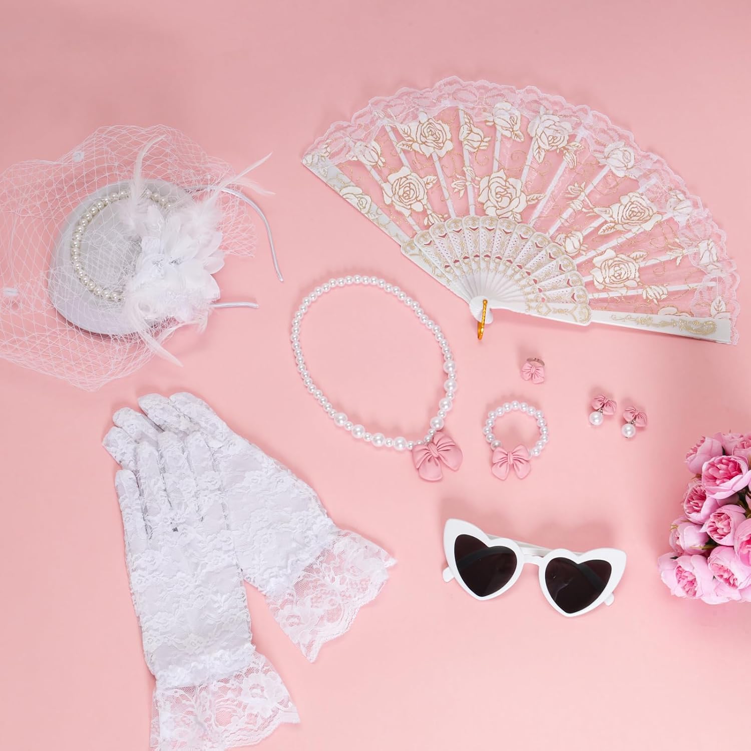 Fumwase 8Pcs White Tea Party Accessories Set Tea Party Gloves Hats Necklace Fan Bracelet Earrings Sunglass Ring
