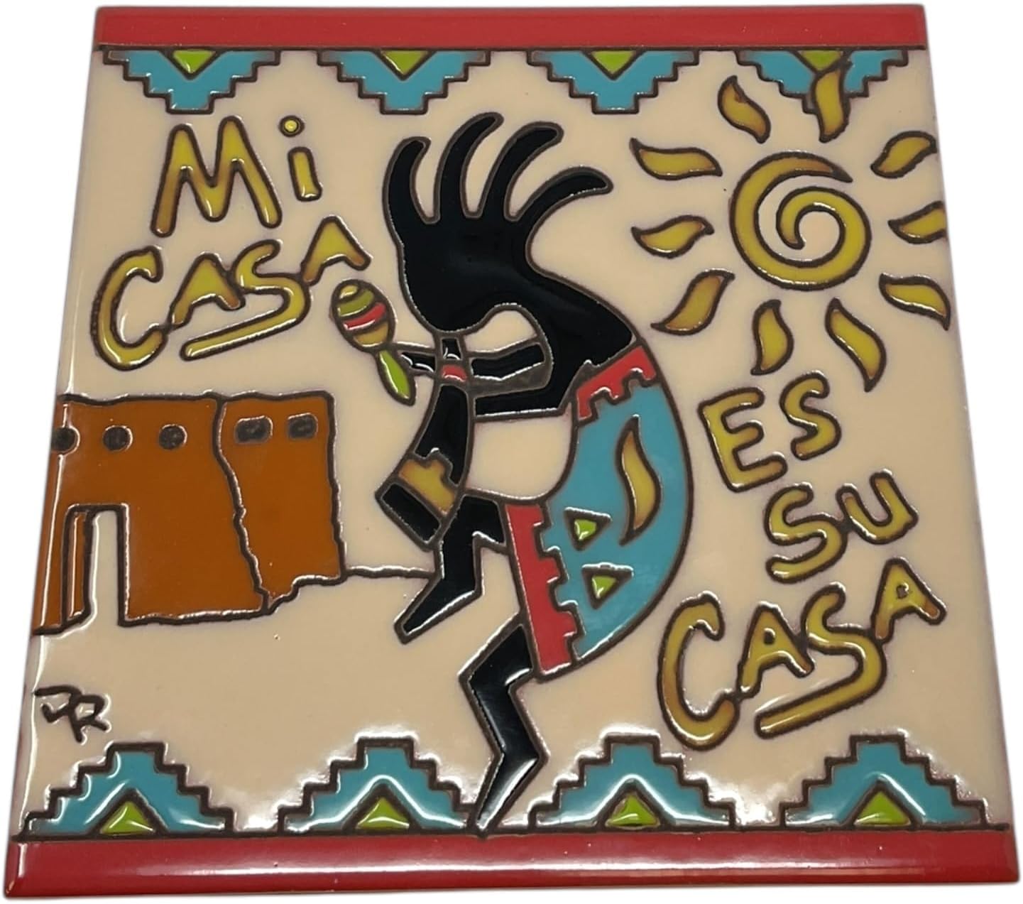 Mi Casa ES Su Casa Kokopelli Southwest 6x6 Sand Color Hand Glazed Decorative Tile with Wooden Backing