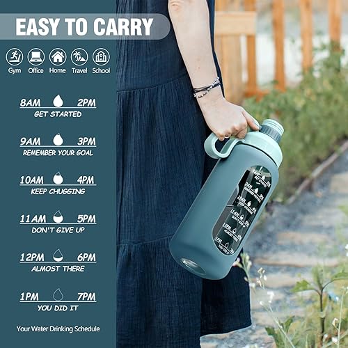 Miniatura 7 de MUKOKO Botellas de agua de vidrio de 64 onzas con popote, botella de agua de medio galón con marcador de tiempo, botella de agua motivacional con