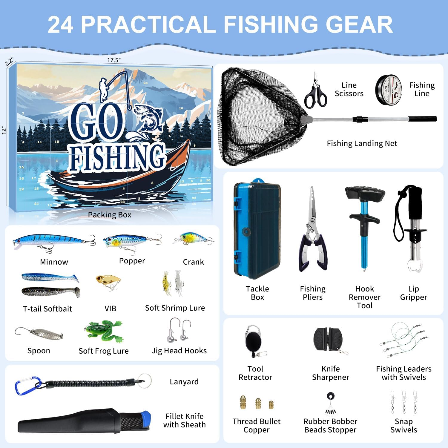 MH MYLUNE HOME Fishing Advent Calendar 2025-24 Days Fishing Tools and Lures Kit for Fisher Adult Men Teen, Fish Net, Hook Remover Tool, 2025 for Men, Xmas Surprise Gift - Image 2